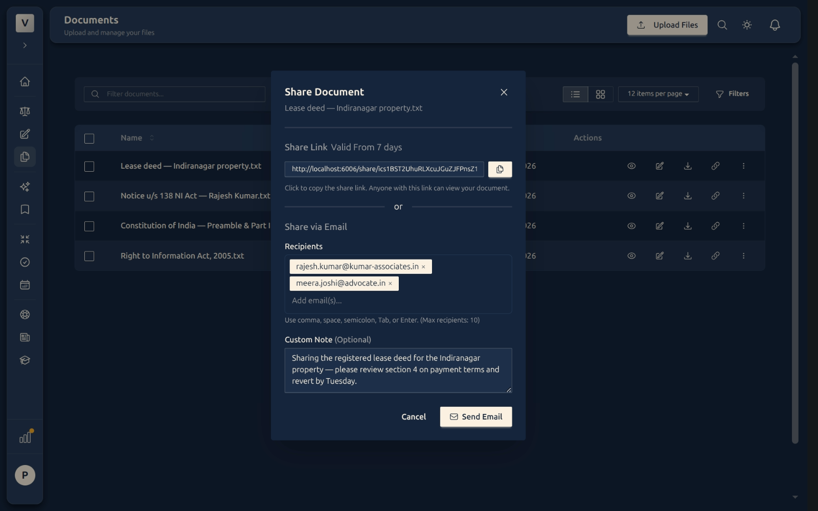 Share dialog opened from the Documents page