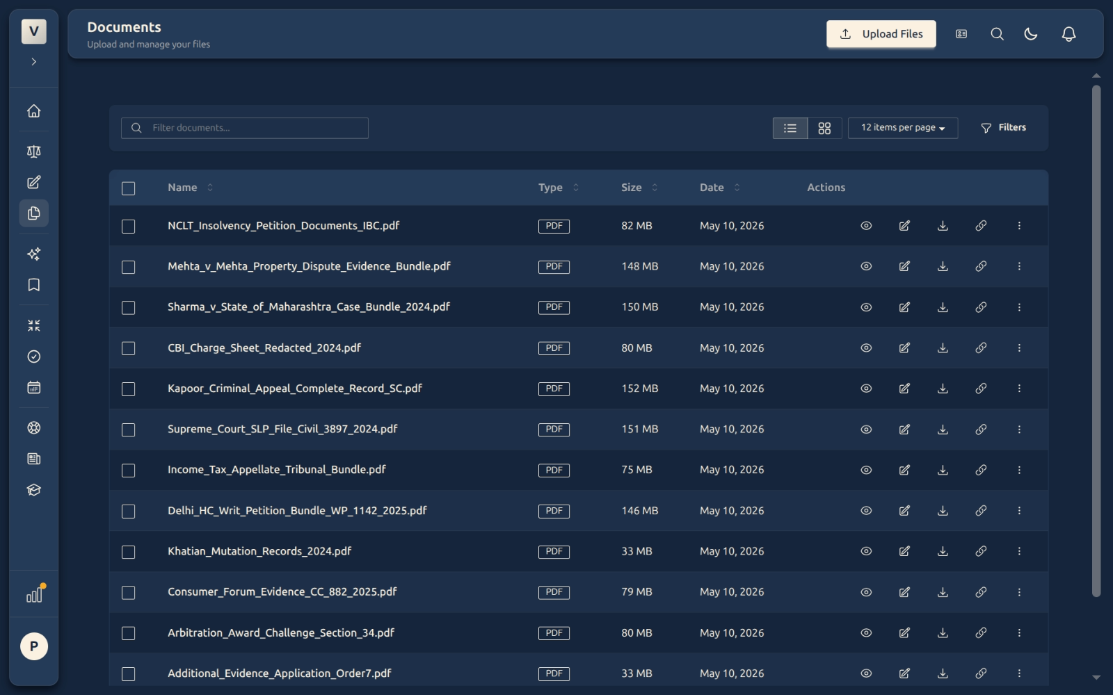 Documents page showing uploaded files