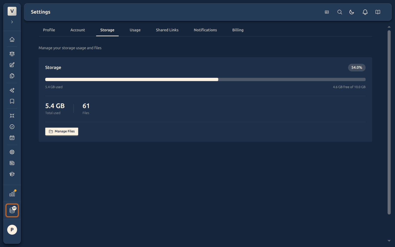 Sidebar collapsed with storage badge
