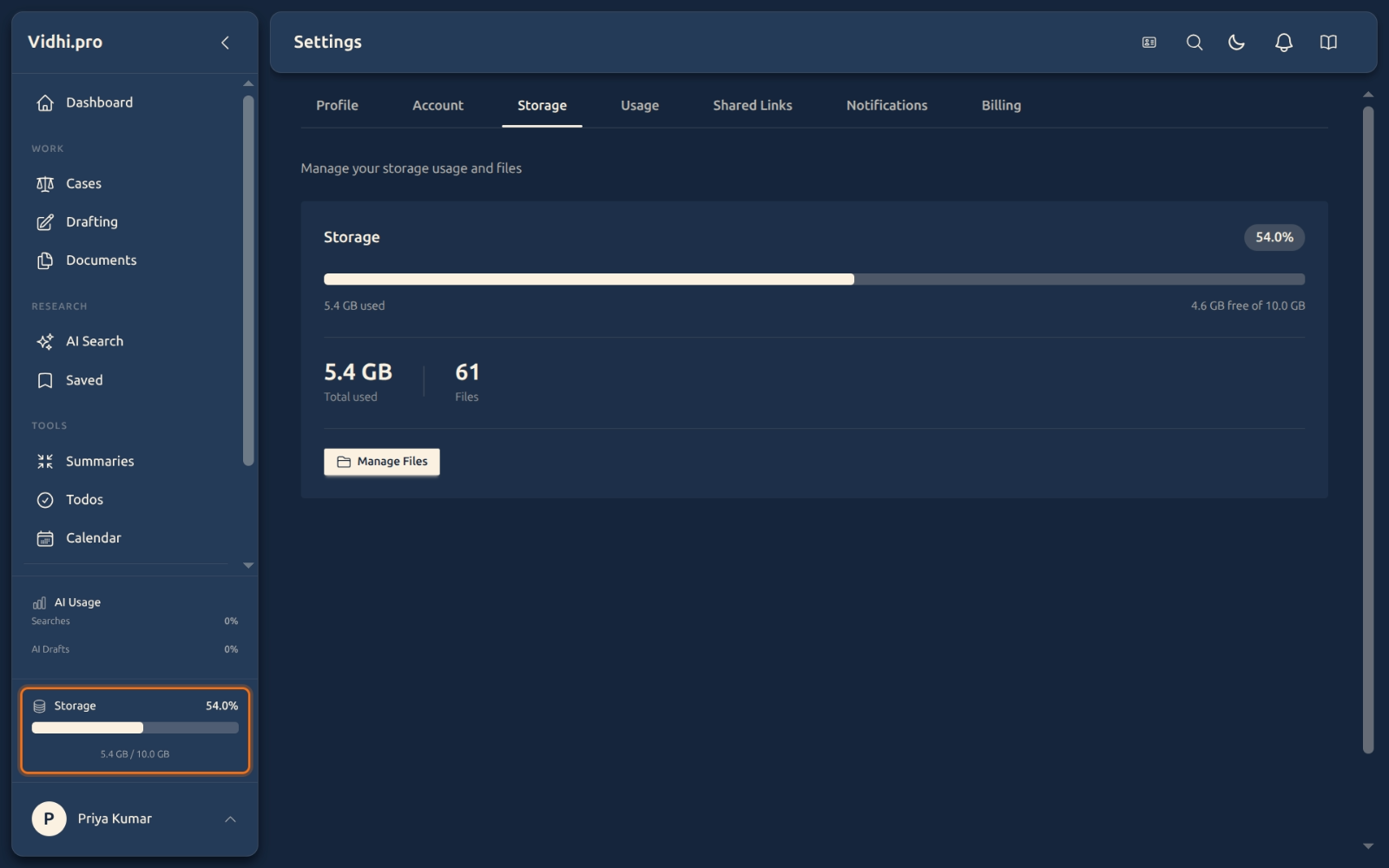 Sidebar expanded showing storage meter at 54.0%