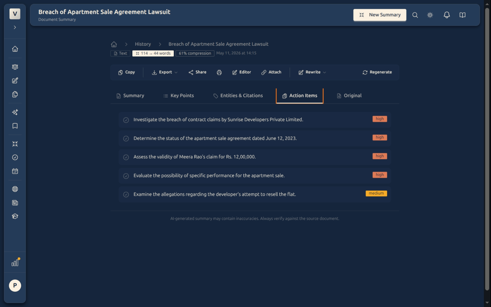 Action Items tab — prioritised tasks the document calls for