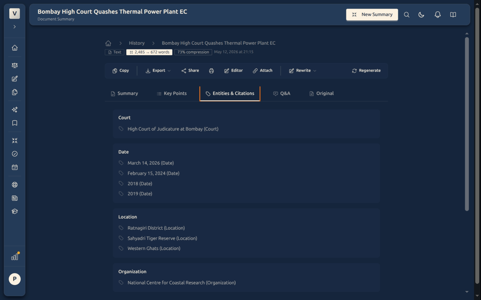 Entities and Citations tab — parties, courts, statutes, dates grouped