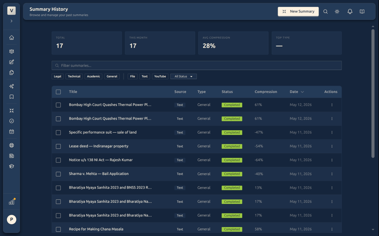 Summary history — searchable, filterable table of every summary you’ve made