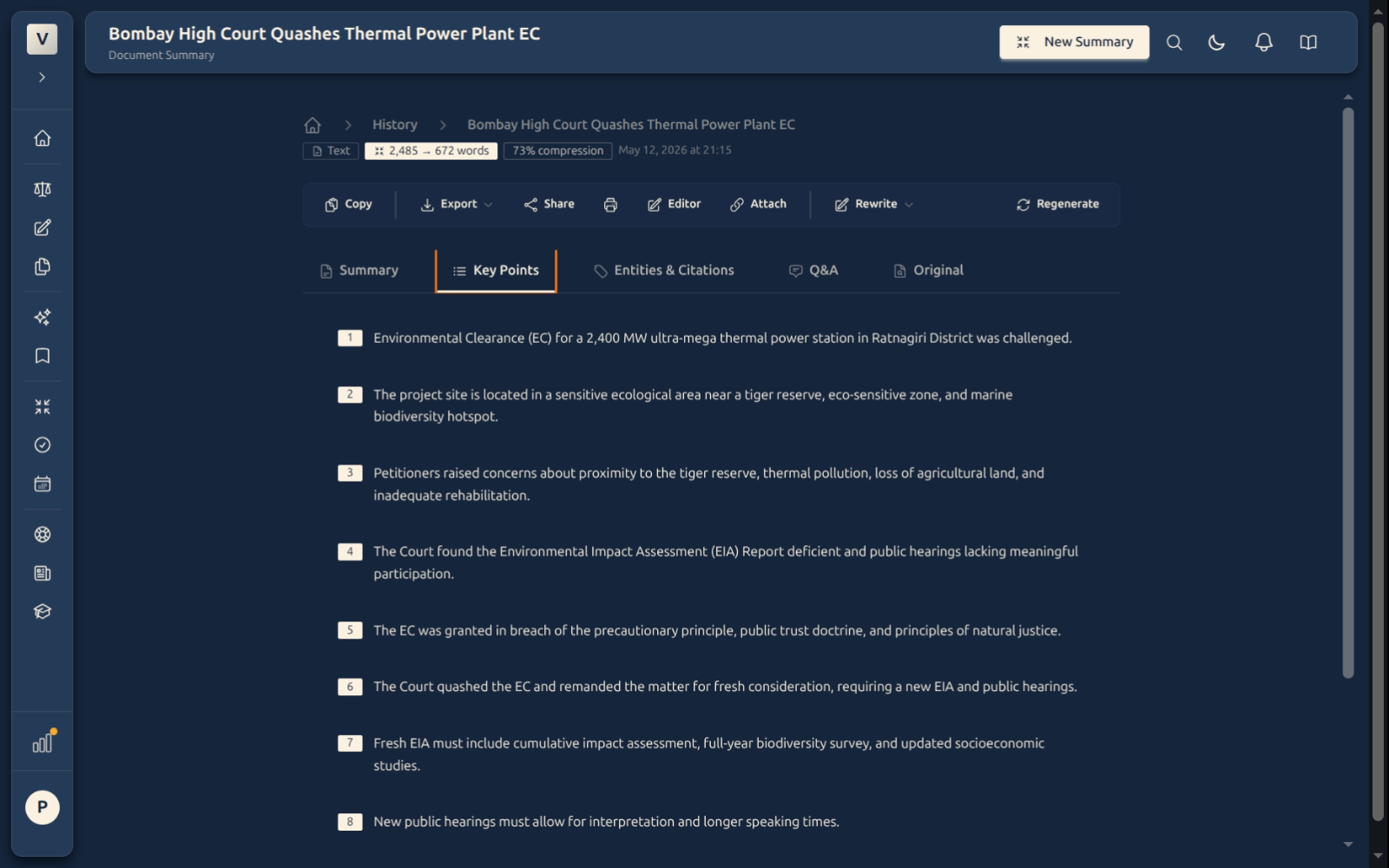 Key Points tab — the most important findings pulled out as bullets