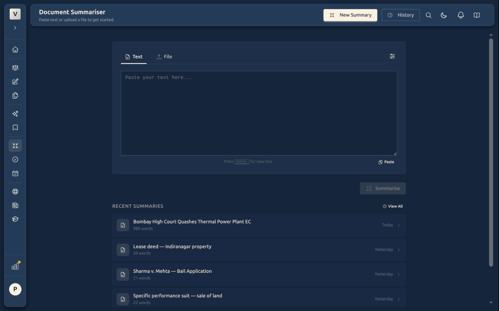Document Summariser landing — paste-text input with a Summarise button