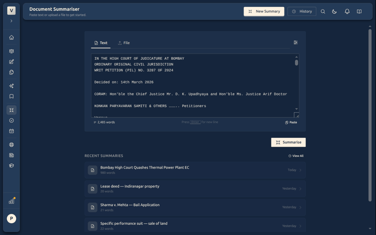 New Summary — paste-text input with the Summarise button below