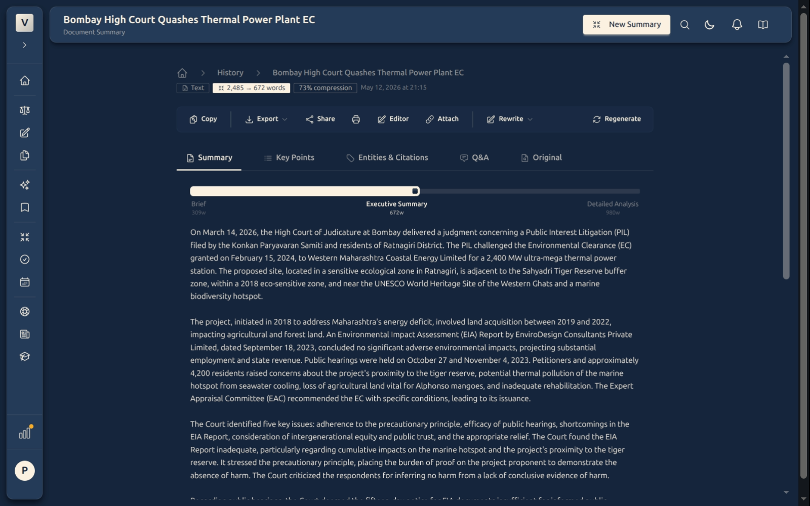 Summary tab — prose summary of the document with a length slider at the bottom