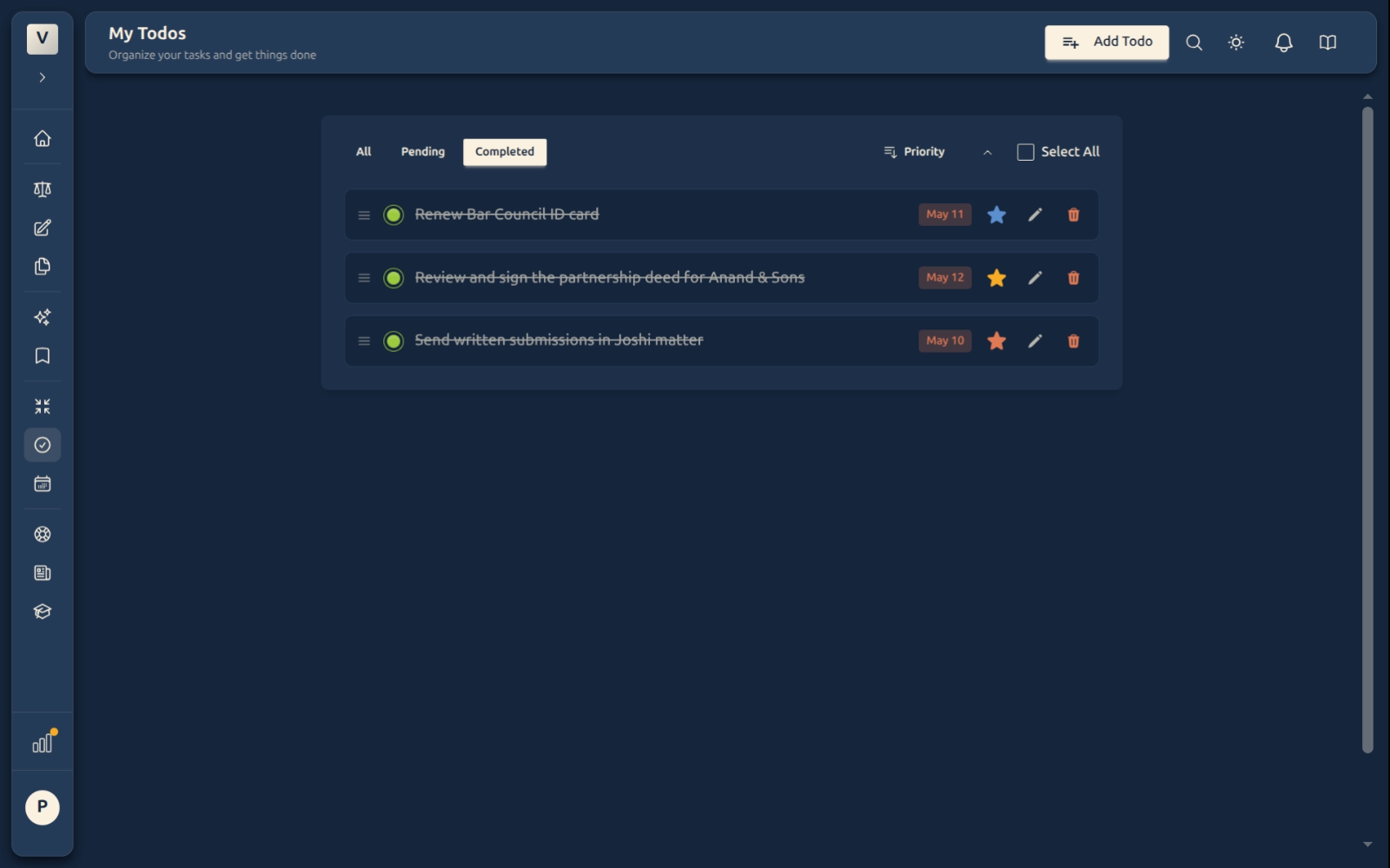 Completed tab — only finished tasks, struck through
