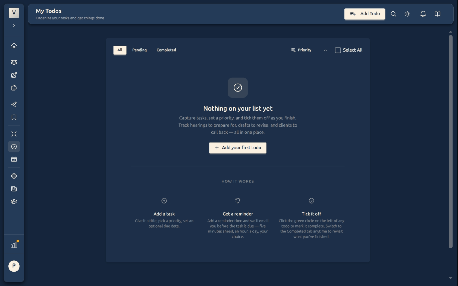 Empty state — three-step welcome with the Add your first todo button