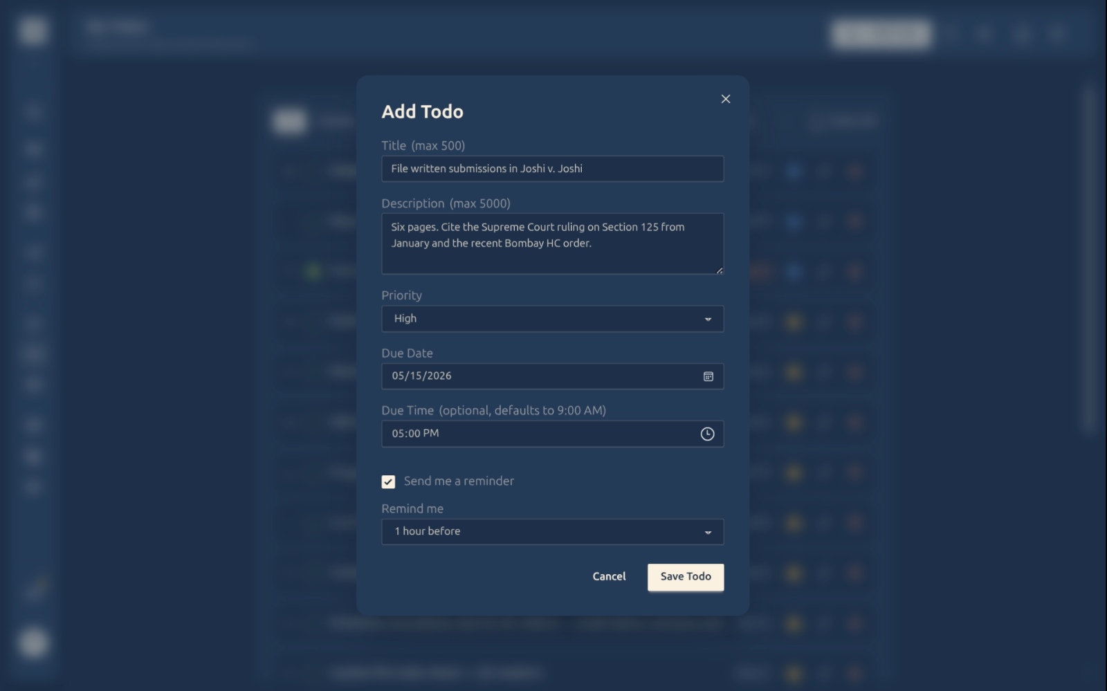 Add Todo modal — title, description, priority, due date and due time