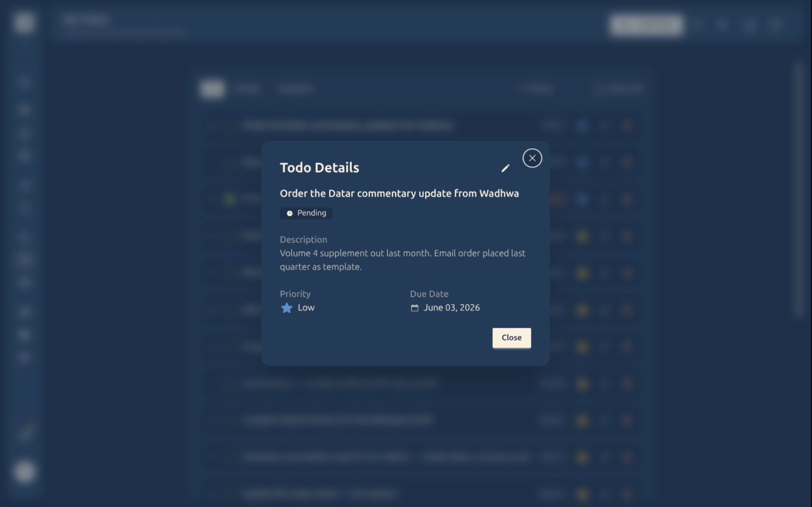 Todo details modal — status badge, description, priority, due date