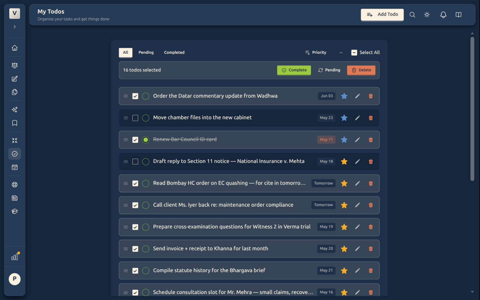 Selection mode — bulk-action bar with Complete / Pending / Delete, mixed checked rows